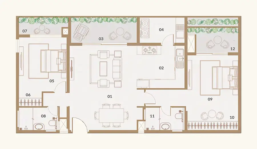 2 BHK Typical West floor plan