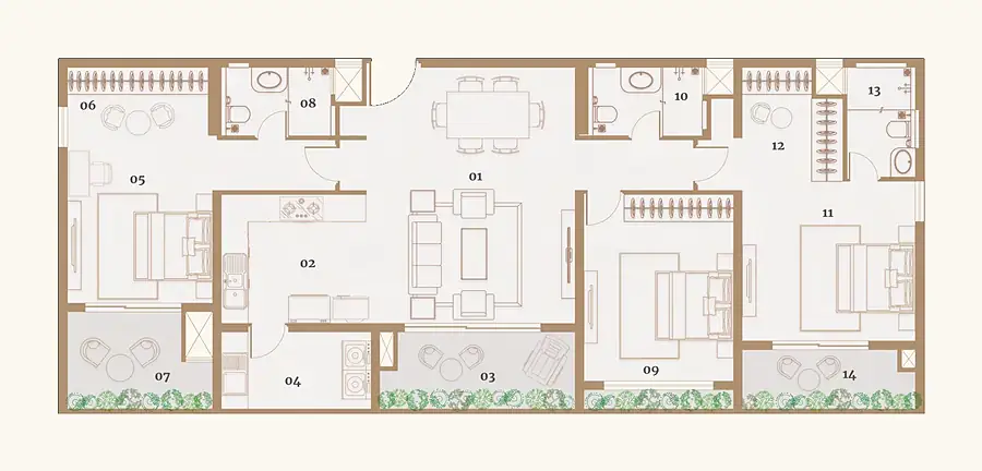 3 BHK Typical East floor plan