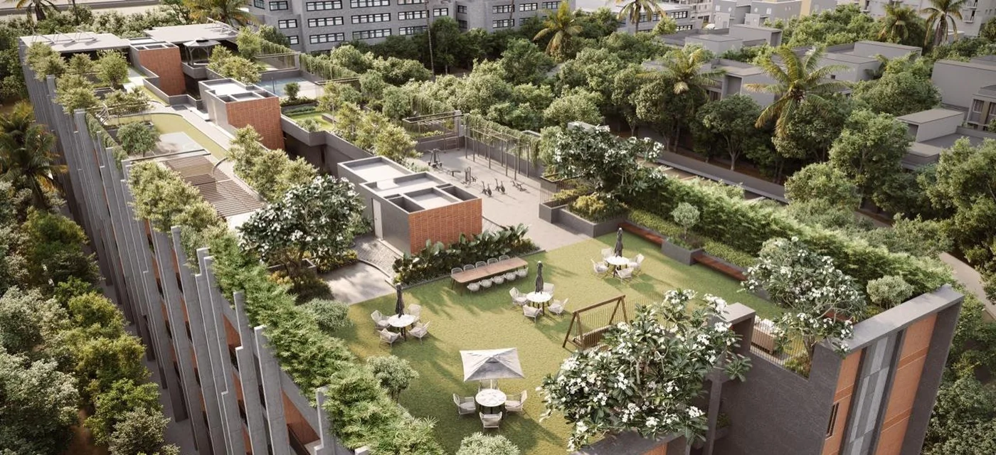 Aerial view of the community set in mature greenery