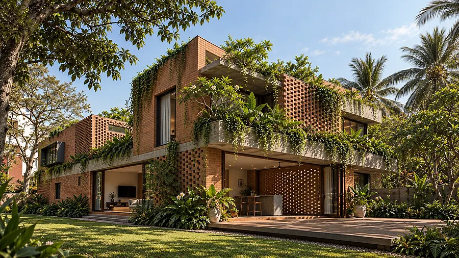Modern tropical brick villa with planted terraces