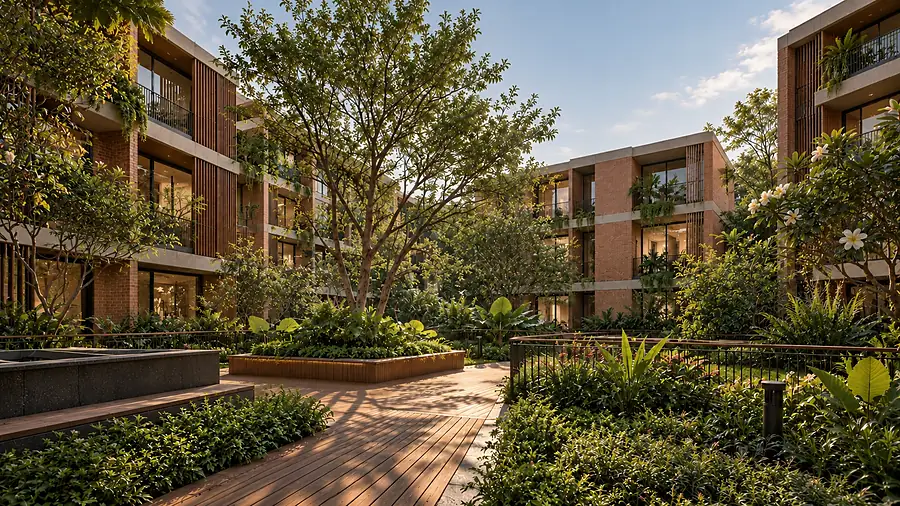Sunlit courtyard garden between boutique residences