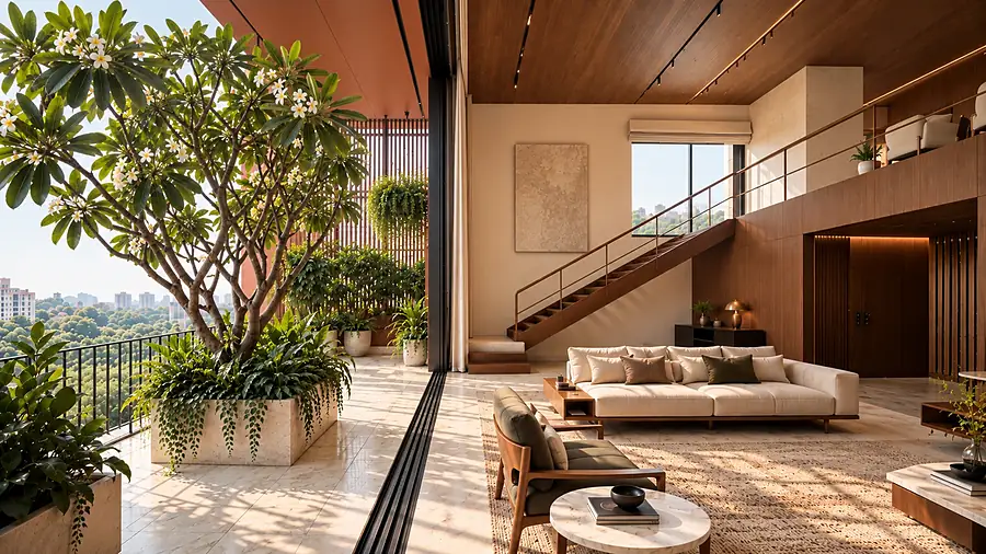 Double-height living room opening onto a planted terrace