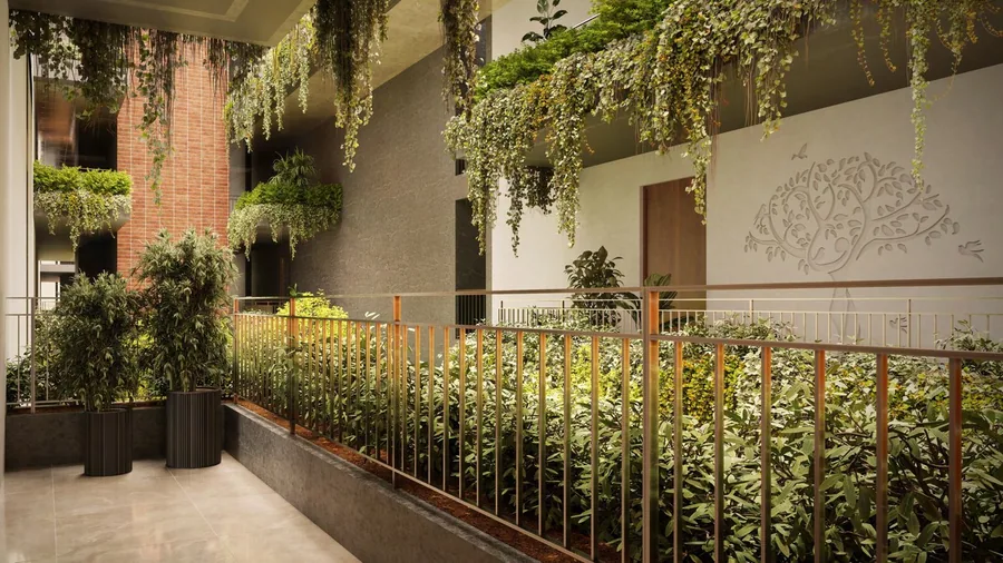Landscaped walkway with jaali screen