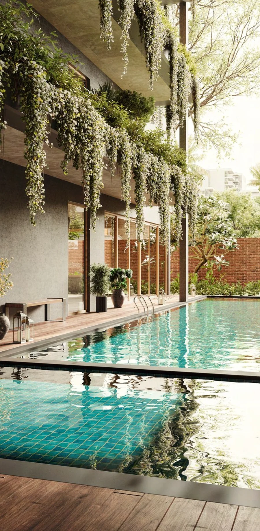 Temperature-controlled pool beside the living green wall