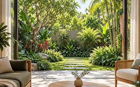 Living room opening to a garden