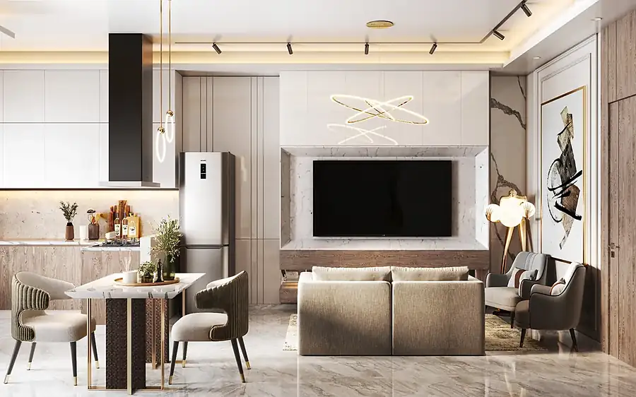 A 1 BHK living, dining and kitchen
