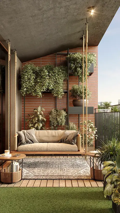 A planted balcony with a swing seat