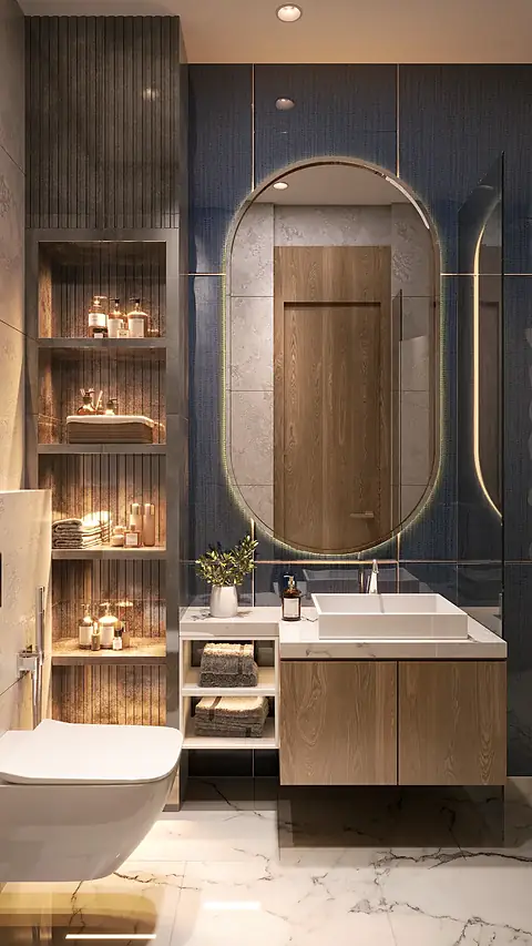 A bathroom with an arched mirror